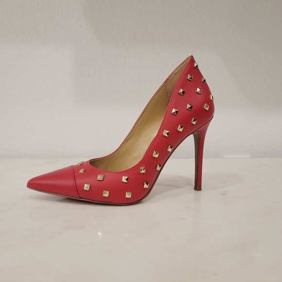 Michael Kors Keke Studded Leather Pointed Toe Stiletto Pumps Crimson Red - Picture 2 of 9